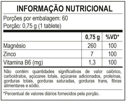 Tabela de informação nutricional do ZMA WiseHealth: magnésio 260 mg, zinco 7 mg e vitamina B6 1,3 mg por tablete, 100% do VD