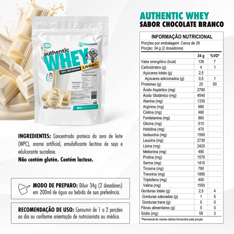 Tabela Authentic Whey Chocolate Branco Wise