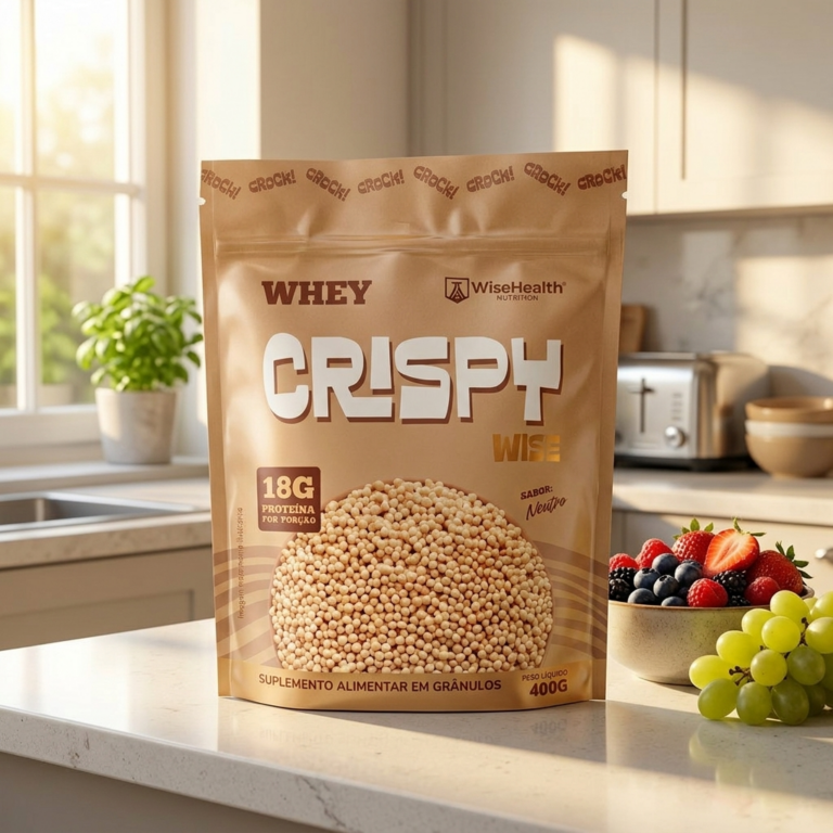 Pacote de Crispy Wise Whey 400 g sabor neutro sobre a bancada da cozinha, com frutas ao lado