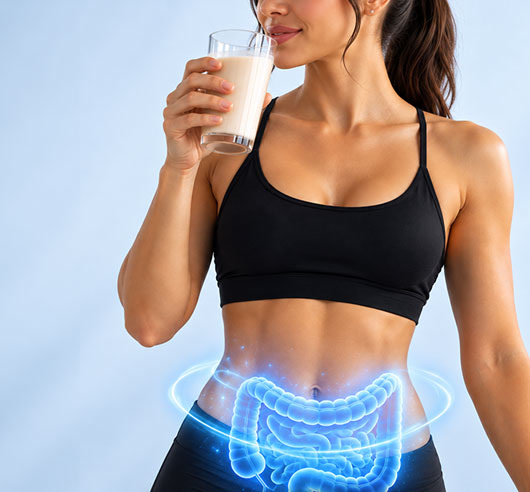 Mulher tomando Whey Zero Lactose, com destaque para o conforto digestivo