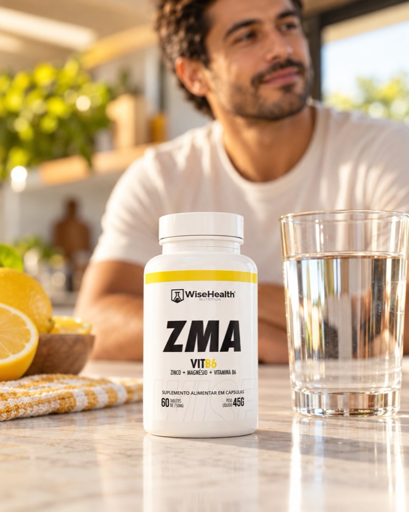Frasco de ZMA WiseHealth sobre a bancada da cozinha, ao lado de um copo de água, com um homem ao fundo